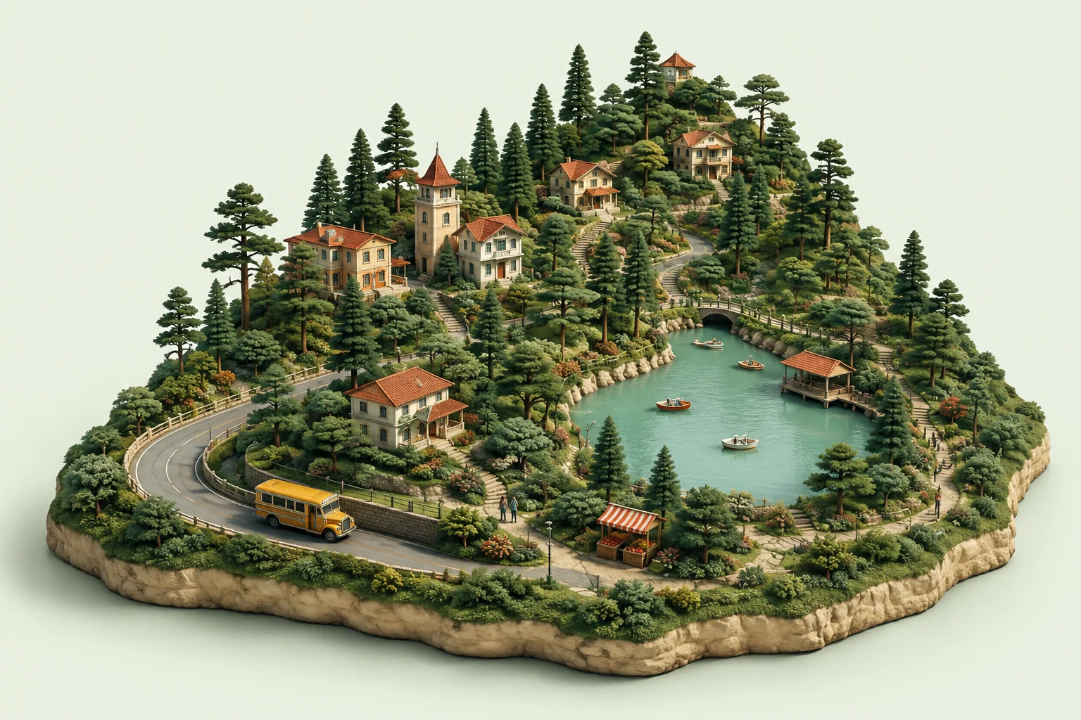 An illustrated Baguio landscape with pine trees, hillside buildings, a lake, and a yellow jeepney.